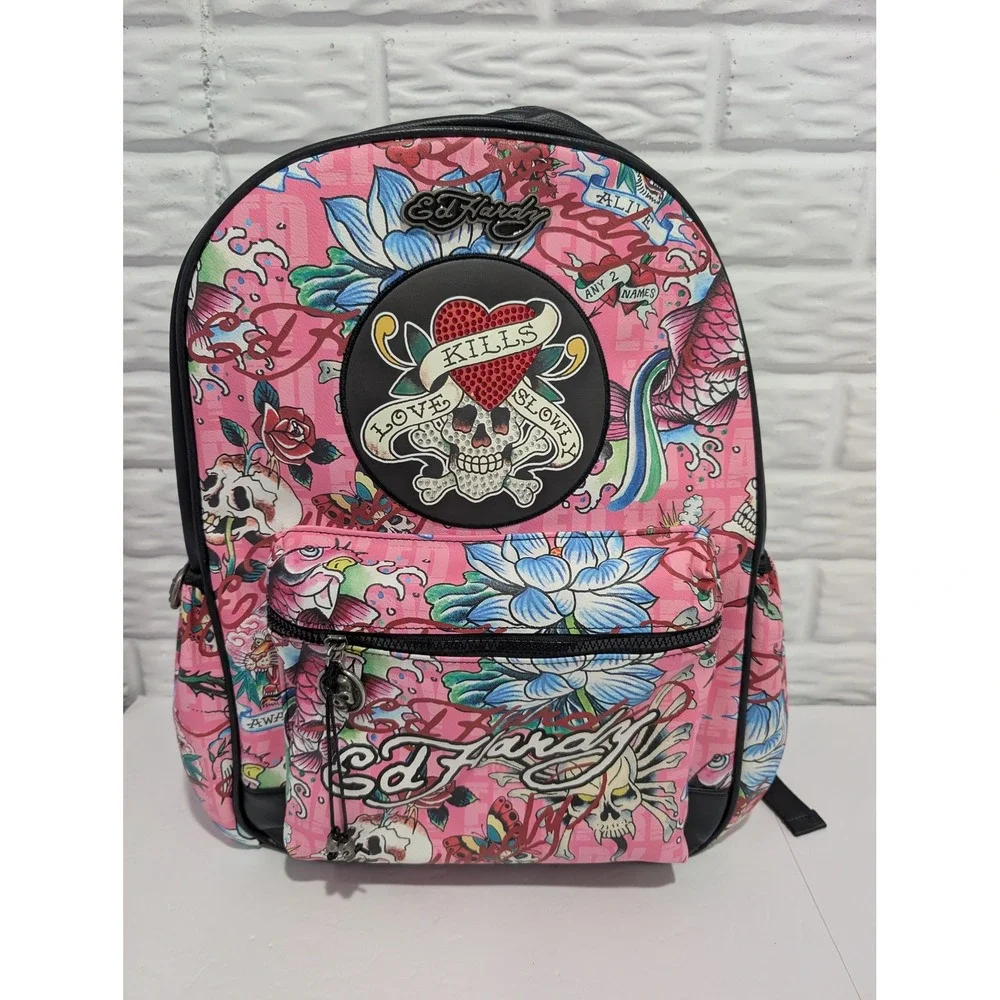 Ed Hardy Love Kills Slowly Pink Tattoo Print Backpack Y2K Rhinestone Skull Bag